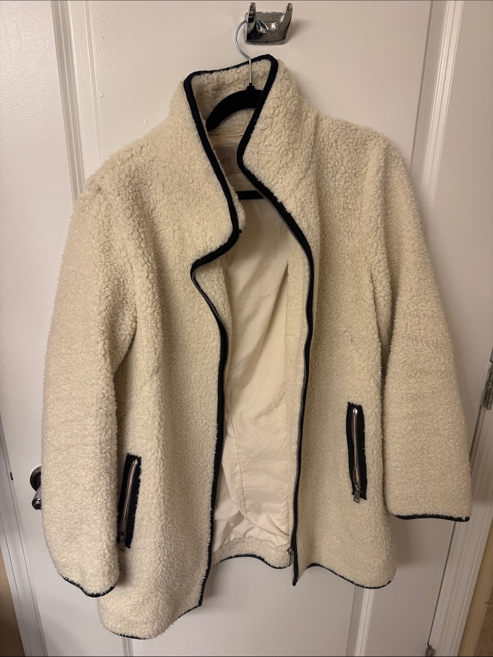 LOFT Cream Sherpa Jacket with Black Trim - Women's Teddy Coat